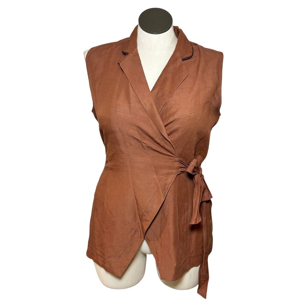 Ellements Womens Vtg Rust Brown Linen‎ Wrap Vest Safari Dark Academia Size 12